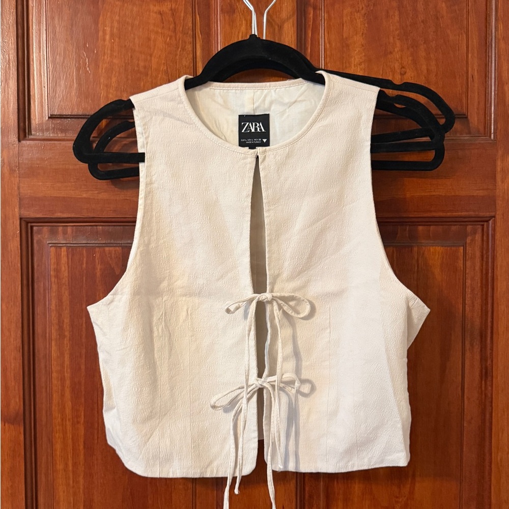 ZARA Cream Tie-Front Textured Sleeveless Top
